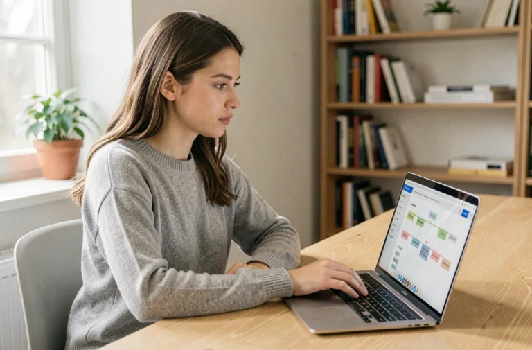 Jeune femme naviguant sur l'arborescence d'un site web sur son ordinateur portable dans un bureau à domicile