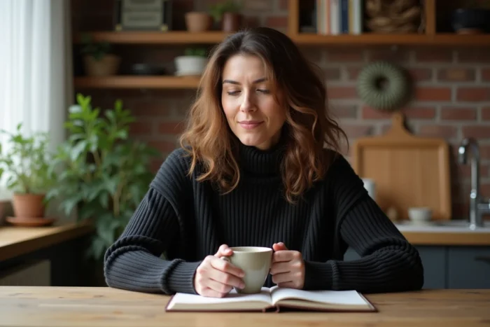 Femme pensive attablée dans une cuisine chaleureuse avec un carnet fermé, incarnant le recueillement et la protection de la sphère privée