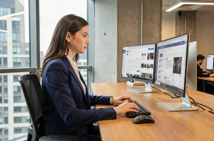 Femme professionnelle effectuant sa veille web sur double écran dans un bureau moderne