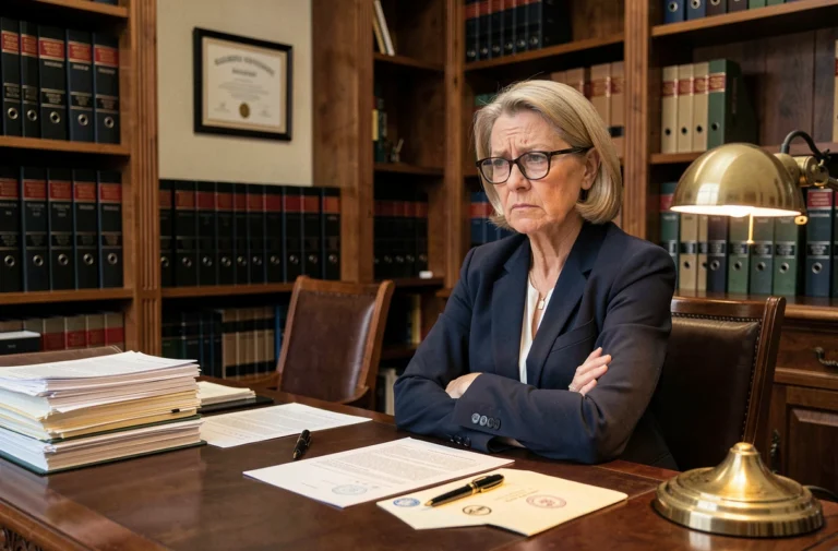Femme refusant de signer une procuration chez le notaire lors d'une succession, assise devant des documents officiels sur un bureau en chêne