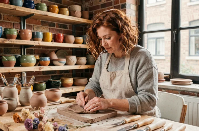 Femme adulte pratiquant la sculpture en argile dans un atelier de loisirs créatifs avec outils et céramiques colorées