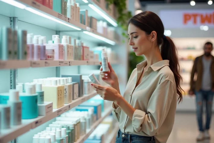 Femme lisant l'étiquette d'un produit de soin dans une pharmacie-beauté, illustrant la concurrence dans le secteur cosmétique