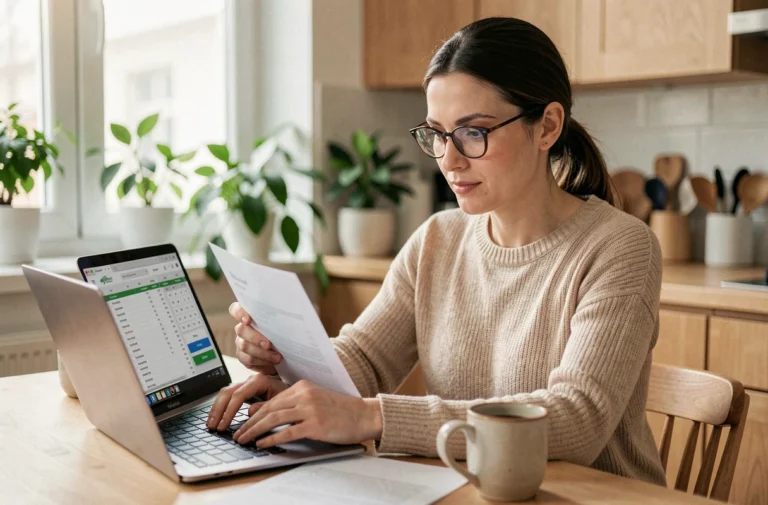 Femme consultant un simulateur de prêt personnel sur son ordinateur portable dans une cuisine moderne