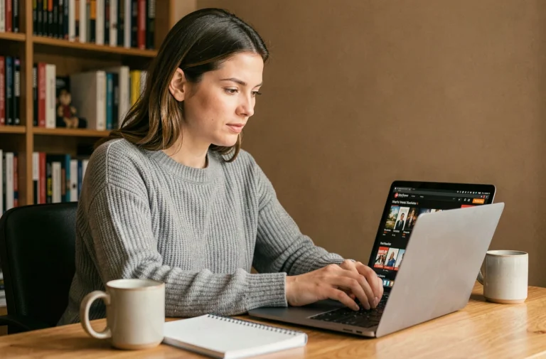 Femme consultant l'adresse officielle d'un site de streaming de films sur un ordinateur portable dans un bureau à domicile