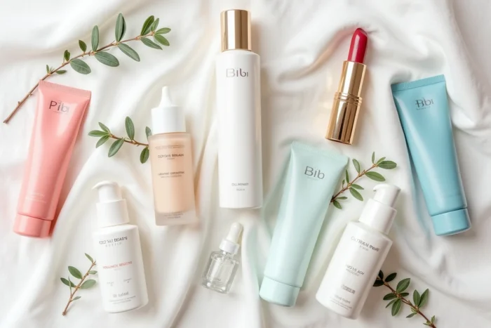 Flat-lay éditorial de produits cosmétiques de marques concurrentes disposés sur un fond en lin blanc, illustrant la diversité du marché de la beauté