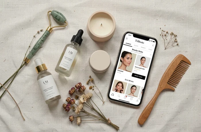 Flat lay de produits bien-être et beauté naturels autour d'un smartphone affichant une boutique en ligne