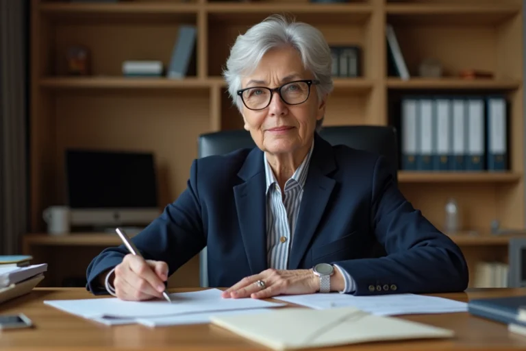 Femme fonctionnaire rédigeant une lettre de demande de retraite à son bureau à domicile