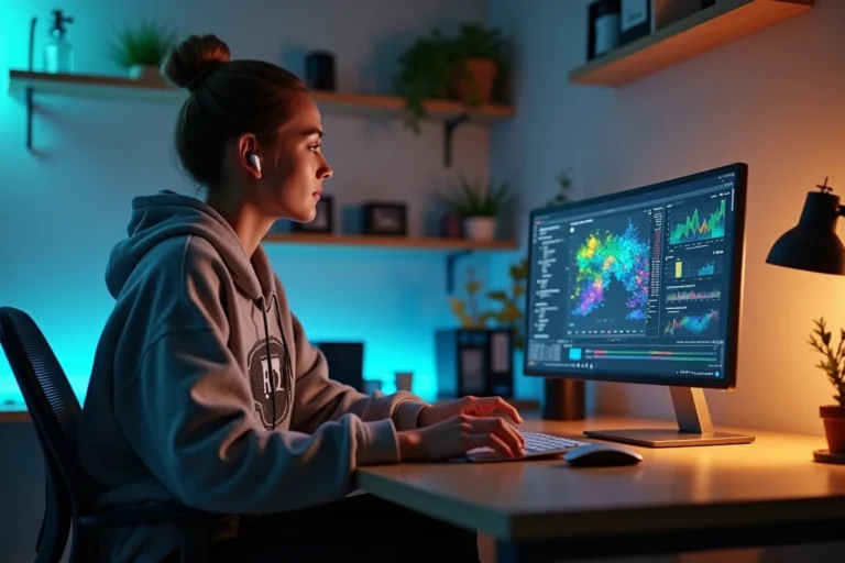 Jeune femme ultra-connectée absorbée par des flux de données sur un écran large dans un bureau minimaliste moderne