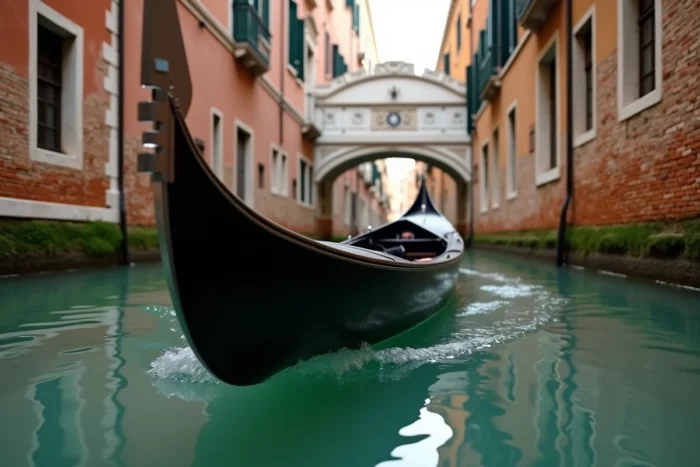 Gondole vénitienne équipée d'un système de propulsion électrique naviguant dans un canal étroit de Venise