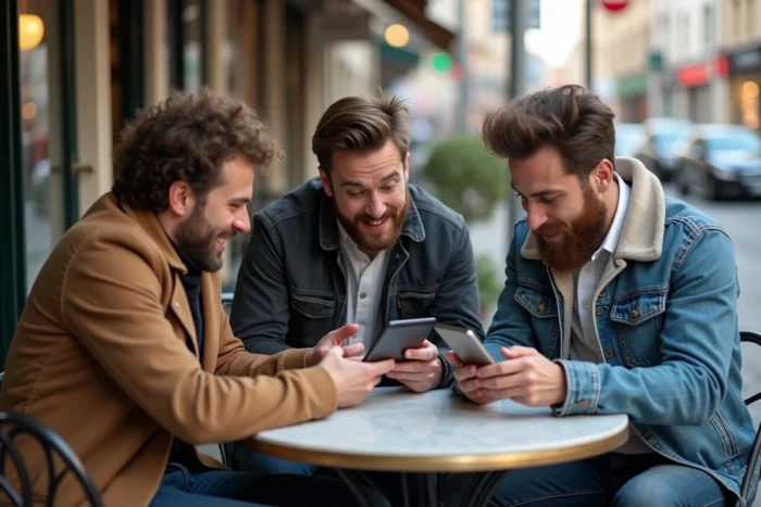 Groupe de passionnés d'automobile discutant du forum Worldscoop autour d'une table de café en terrasse