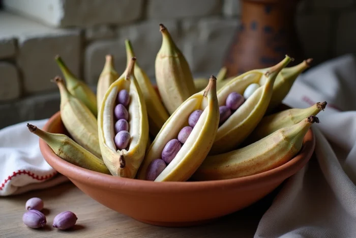 Gros plan sur des haricots coco de Paimpol frais et leurs cosses dans un bol en terre cuite rustique