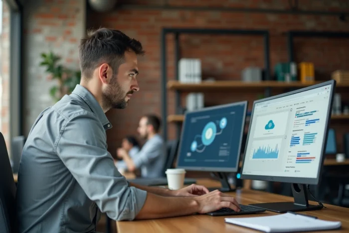 Homme d'affaires en chemise grise travaillant sur une infrastructure cloud dans un espace de coworking de style loft