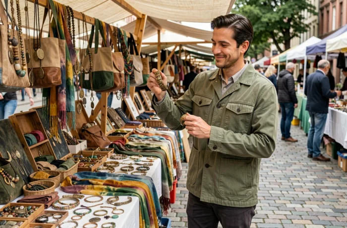 Homme comparant des bracelets artisanaux en laiton recyclé sur un marché de créateurs en plein air