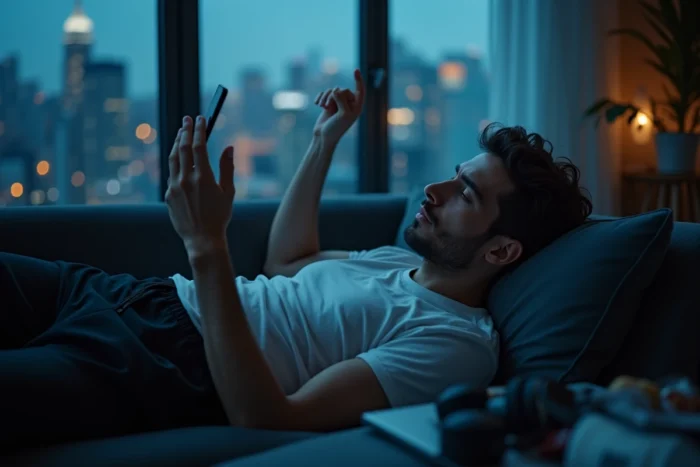 Jeune homme allongé sur un canapé consultant intensément son smartphone dans une atmosphère urbaine nocturne