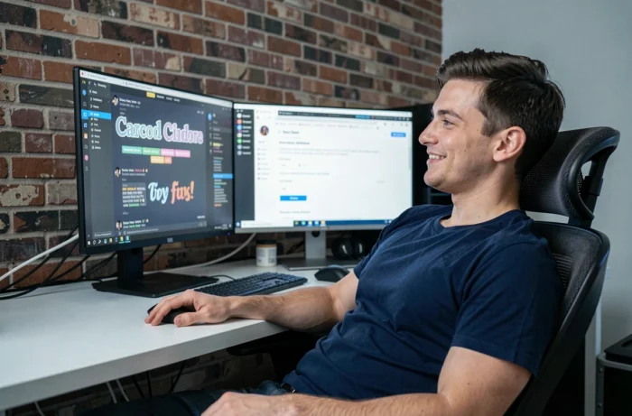 Homme adulte configurant les polices de Discord sur une installation double écran dans un appartement moderne