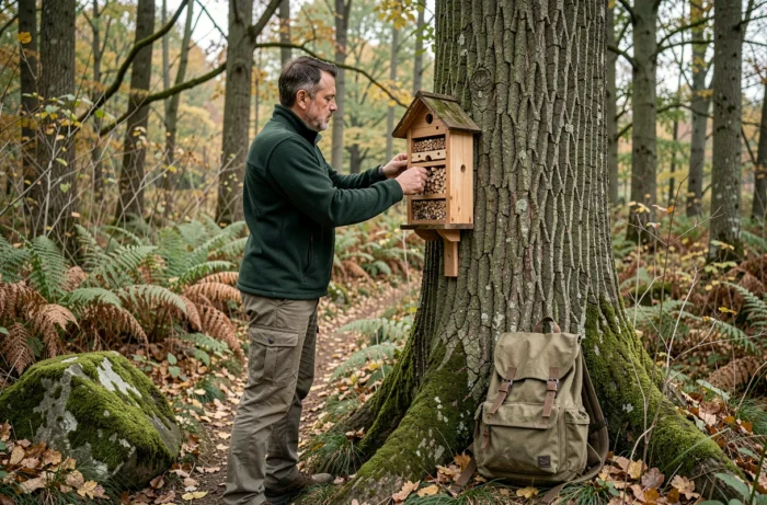 Un homme installe un hôtel à insectes en bois sur un chêne en forêt pour soutenir la faune locale et la biodiversité