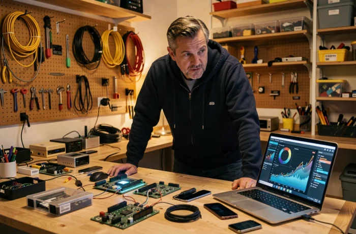 Homme travaillant sur des composants électroniques et innovations technologiques dans un laboratoire personnel