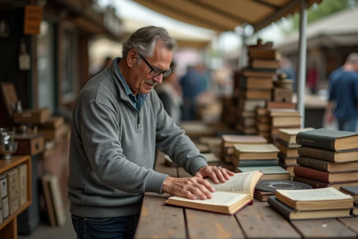 Homme d'âge mûr examinant un livre d'occasion sur un marché aux puces en plein air entouré d'objets vintage et de vinyles