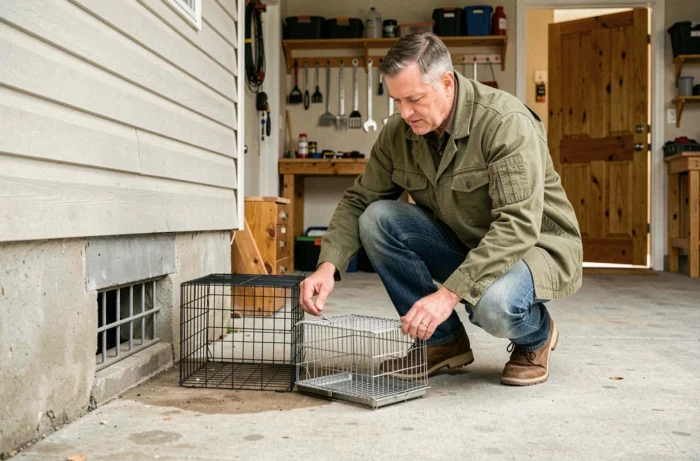 Homme posant un piège à fouine dans un garage près d'une aération de maison avec outils en arrière-plan