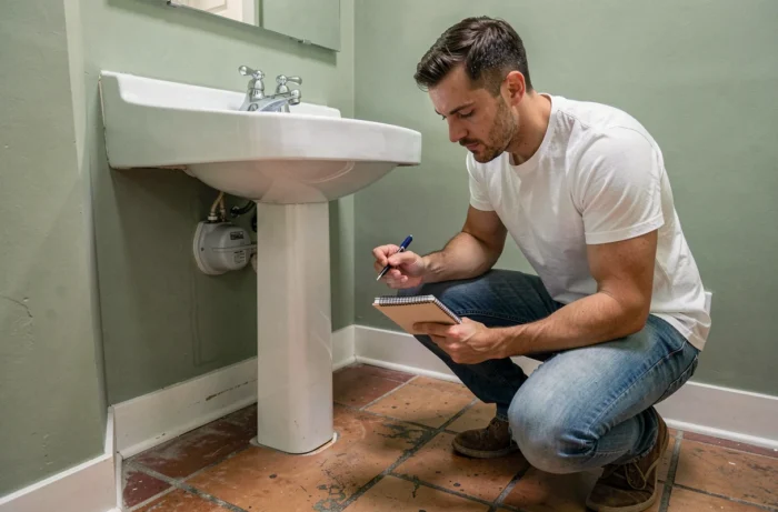 Homme relevant le compteur d'eau dans une salle de bain pour suivre sa consommation quotidienne