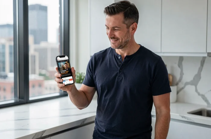 Homme consultant un site de films sur son smartphone dans une cuisine moderne et lumineuse