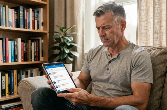 Homme utilisant une tablette pour organiser sa veille informationnelle depuis son bureau à domicile