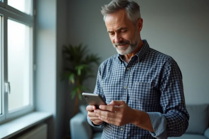Homme vérifiant ses opérations bancaires en attente sur une application mobile de banque en ligne
