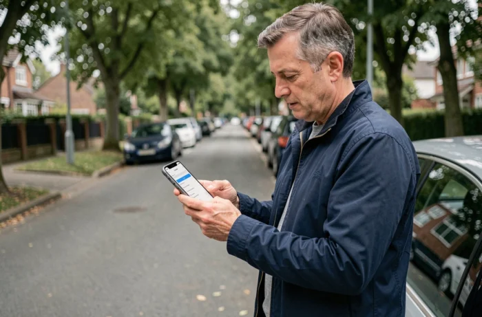 Homme debout près d'une voiture en bord de rue vérifiant les paramètres de signalement des radars dans Google Maps