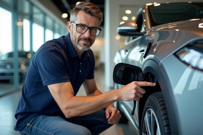 Ingénieur automobile expliquant le fonctionnement d'un véhicule hybride dans un showroom moderne