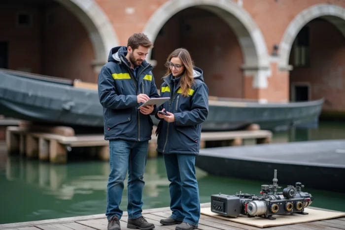 Ingénieurs analysant les plans d'un système de motorisation hybride pour gondoles à l'Arsenale de Venise