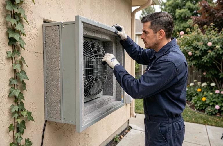 Technicien installant un caisson anti bruit autour d'une climatisation murale extérieure