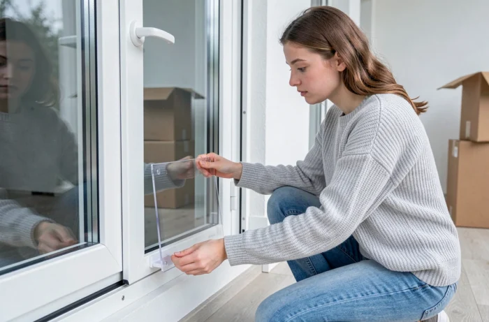 Femme installant une chatière amovible sur une porte-fenêtre en PVC dans un appartement meublé en location