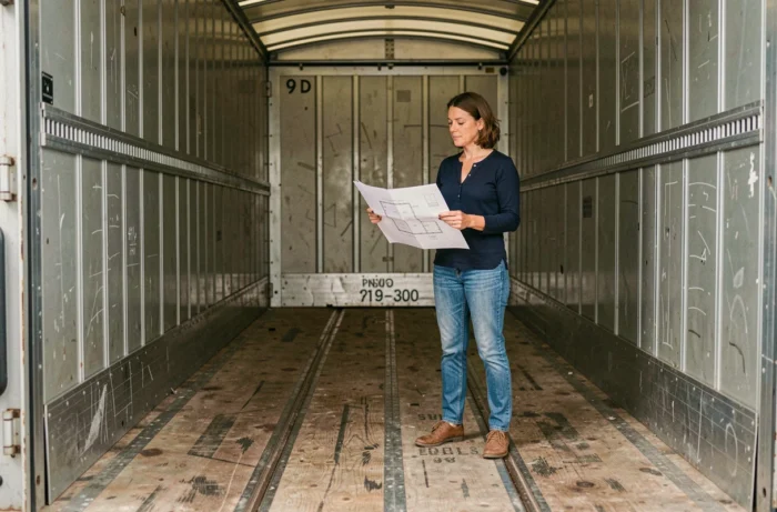 Intérieur vide d'un camion 11 m3 avec une femme évaluant le volume de chargement disponible pour un déménagement