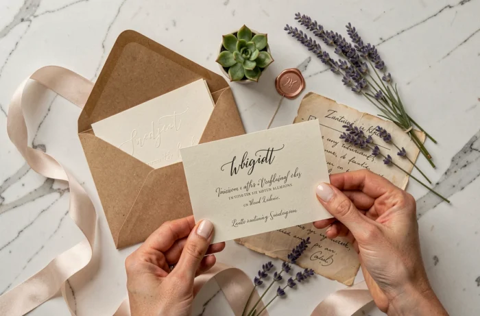 Flat lay d'invitation de mariage manuscrite avec cire à cacheter, ruban satiné et checklist sur marbre blanc