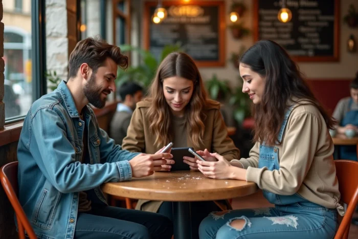 Groupe de jeunes adultes partageant du contenu sur smartphones dans un café indépendant urbain animé