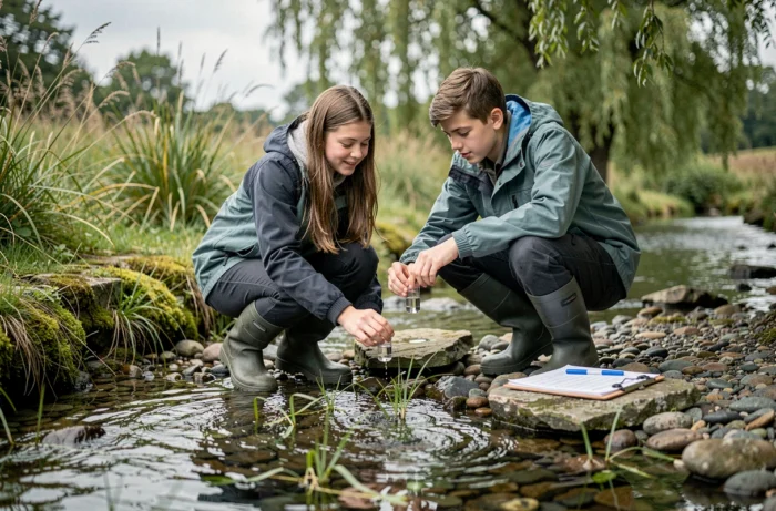 Deux adolescents collectent des échantillons d'eau dans un ruisseau pour surveiller la biodiversité aquatique dans une réserve naturelle