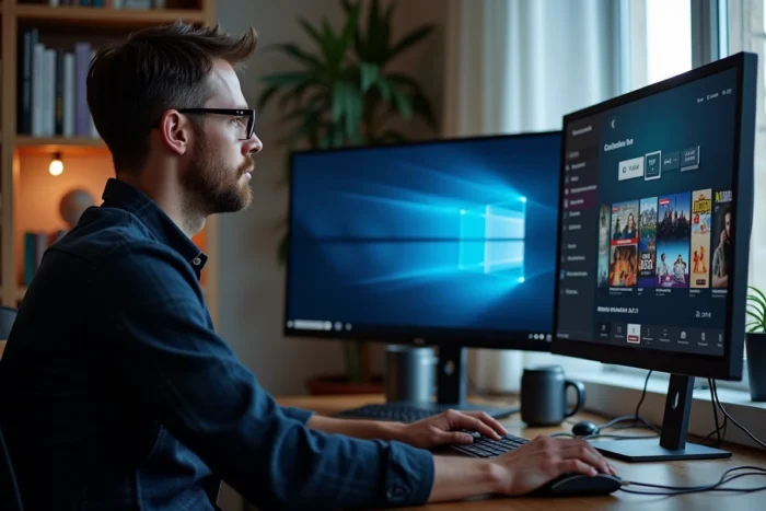 Homme utilisant Kodi avec l'extension CatchUp TV sur un ordinateur de bureau à domicile