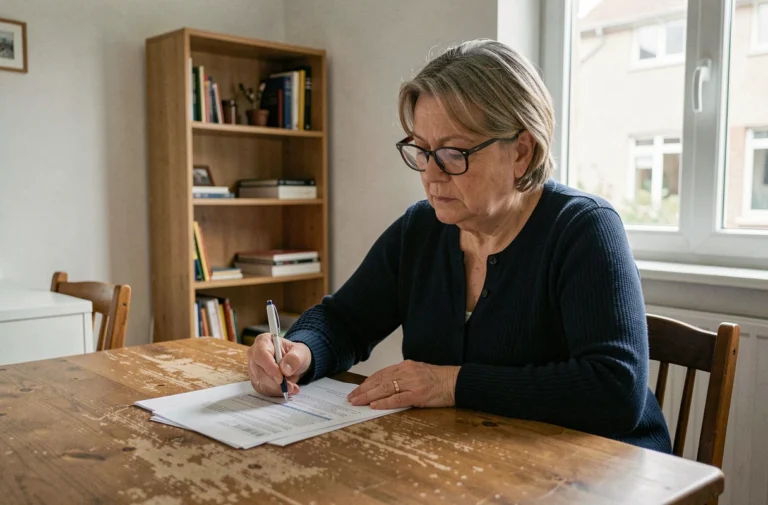 Locataire HLM relisant un bail de 3 mois renouvelable à son domicile
