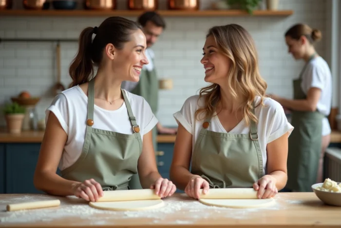 Deux amies riant ensemble lors d'un cours de cuisine, apprentissage de la fabrication de pâtes fraîches dans un atelier culinaire urbain