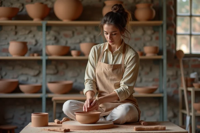Femme pratiquant la poterie sur un tour en atelier artisanal, les mains couvertes d'argile, ambiance chaleureuse et authentique