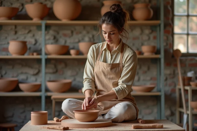 Femme pratiquant la poterie sur un tour en atelier artisanal, les mains couvertes d'argile, ambiance chaleureuse et authentique