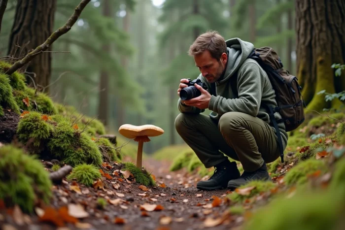 Homme photographiant des champignons sauvages en forêt lors d'une randonnée nature, activité de plein air et découverte des loisirs