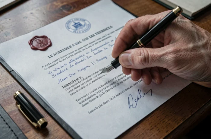 Gros plan d'une main hésitant à signer une procuration notariale lors d'une succession, avec stylo plume et document officiel