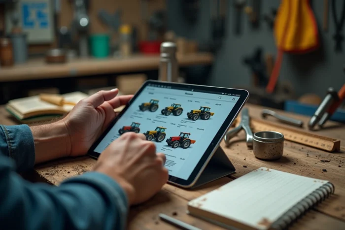 Gros plan sur des mains d'agriculteur naviguant sur un site de vente de matériel agricole en ligne sur une tablette dans un atelier
