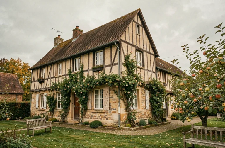 Façade d'une maison d'hôtes de charme normande avec colombages et jardin fleuri en Normandie