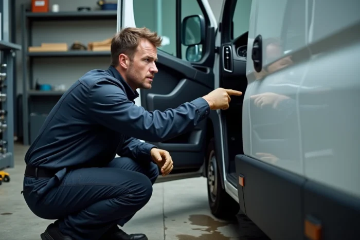 Mécanicien en atelier identifiant un voyant allumé sur le tableau de bord d'un Iveco Daily blanc
