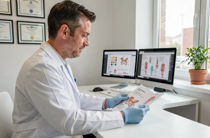 Médecin consultant des diagrammes anatomiques masculins dans un cabinet médical
