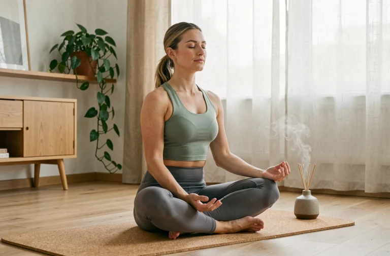 Femme en tenue de sport pratiquant la méditation sur un tapis de yoga en liège dans un salon scandinave minimaliste