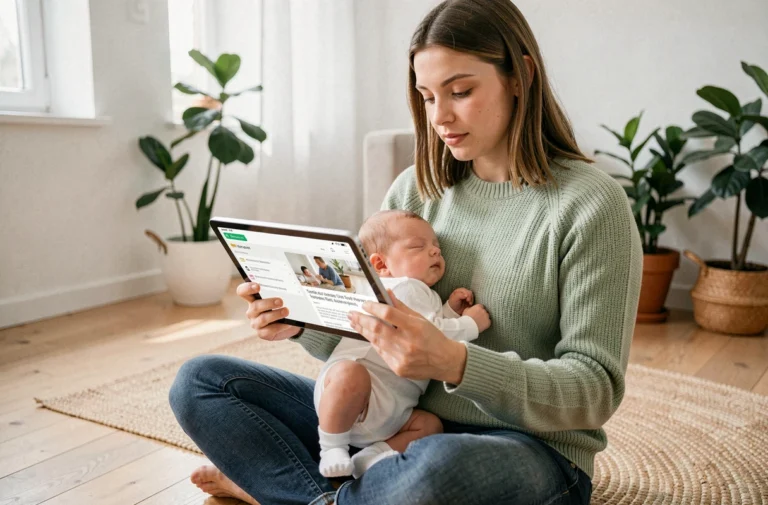 Jeune mère comparant Yamonbebe et les blogs classiques de puériculture sur une tablette, assise sur un parquet en bois avec son bébé endormi contre elle