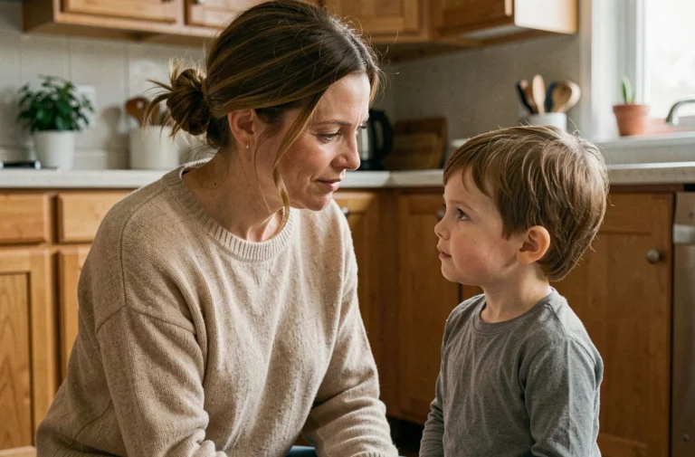 Mère bienveillante à genoux au niveau de son enfant dans une cuisine chaleureuse, incarnant l'éducation positive au quotidien